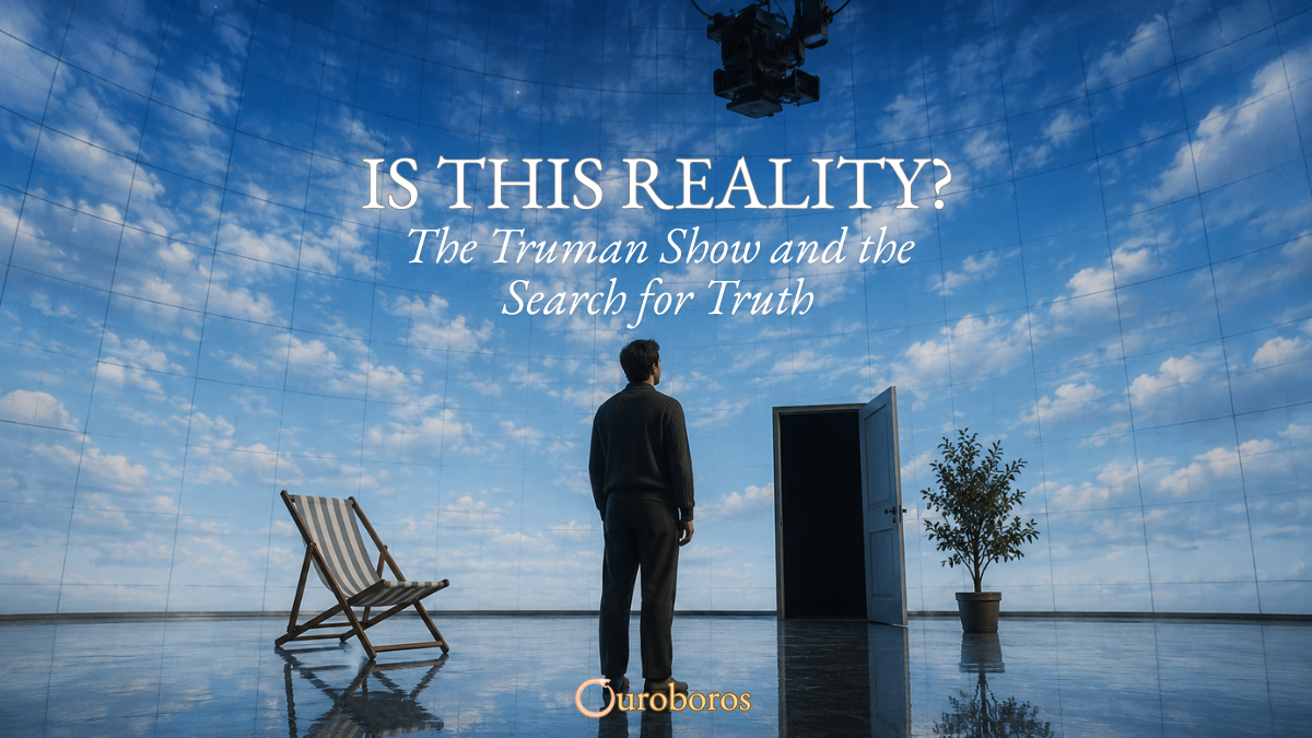 Man standing beneath an artificial sky facing an open doorway, symbolizing awakening and the search for truth