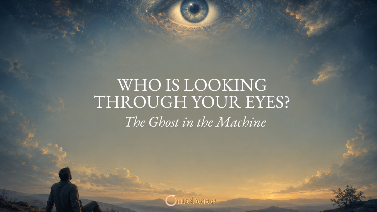 Solitary man gazing toward a vast eye in the sky, symbolizing consciousness, self-awareness, and the mystery of the observer