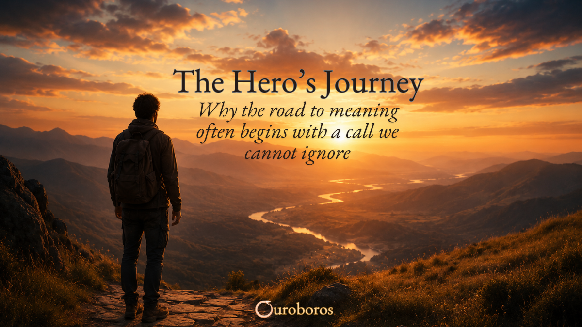 A lone traveller overlooking a winding valley at sunrise, symbolizing the hero's journey and the search for meaning