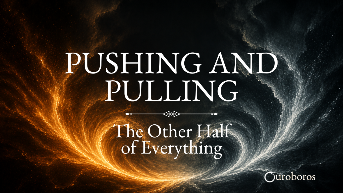 Two swirling forces of golden and silver energy meet in a continuous flow, representing the relationship between apparent opposites.