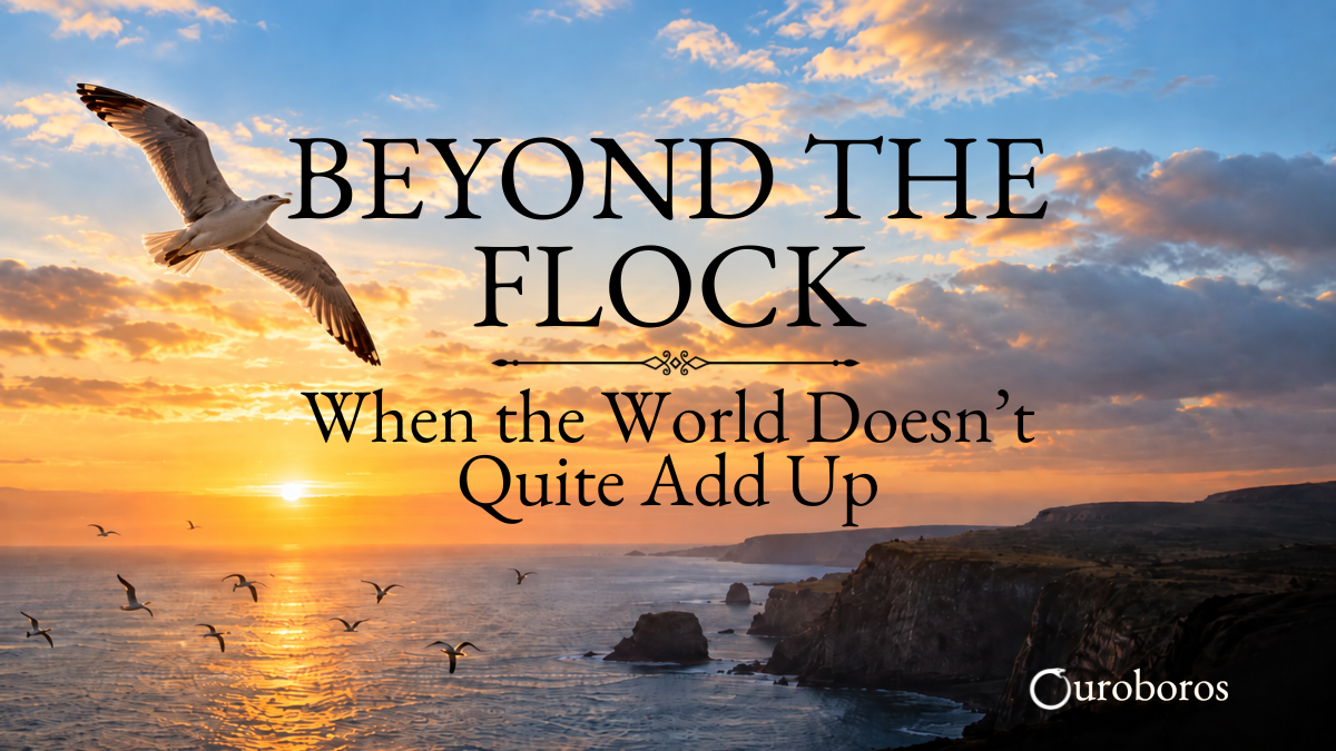 A seagull flies apart from a distant flock above the ocean at sunset, symbolizing individuality and the courage to follow a different path.