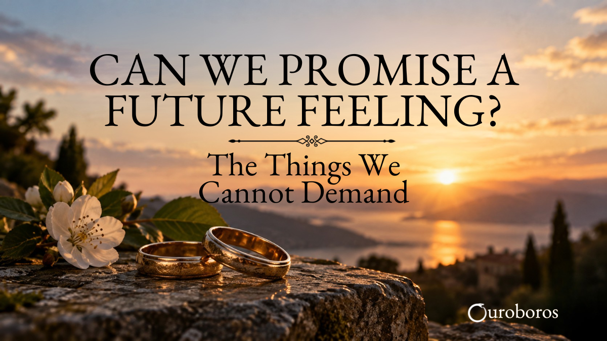 Two gold wedding rings beside a white flower at sunset, symbolizing love, marriage vows, and the uncertainty of future feelings.