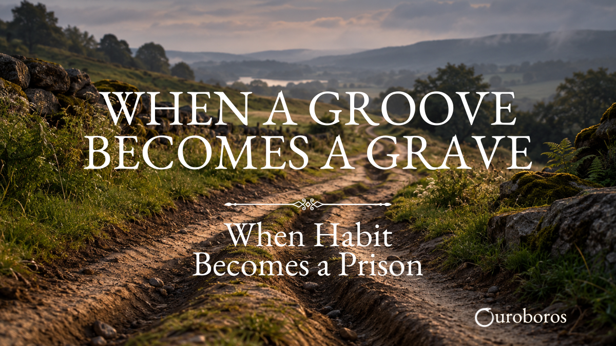A deeply rutted dirt path winding through a misty countryside, symbolizing how familiar habits can become limiting.